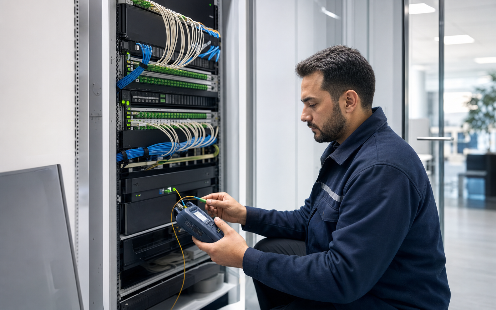 Güneydoğu Telekom saha mühendisi fiber bağlantı testini gerçekleştiriyor