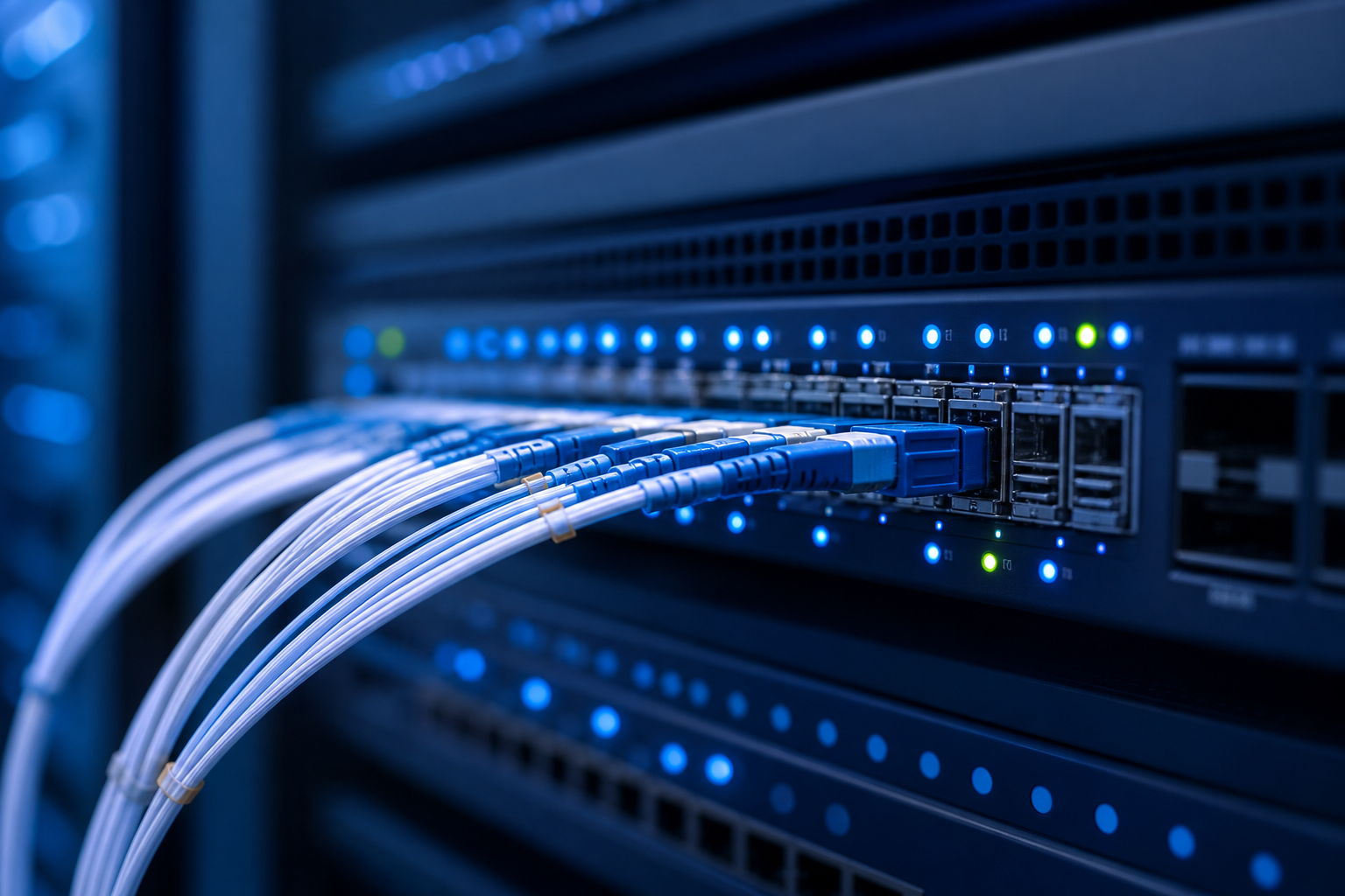 Kurumsal ağ cihazına bağlı fiber optik kablolar